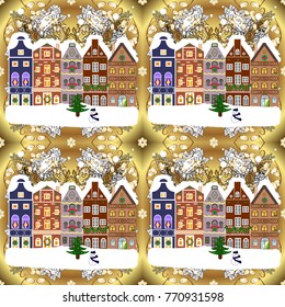 A house in a snowy Christmas landscape at night. Christmas tree and snowman. Concept for greeting or postal card. Vector illustration.
