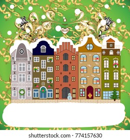 A house in a snowy Christmas landscape at night. Christmas tree and snowman. Concept for greeting or postal card. Vector illustration.
