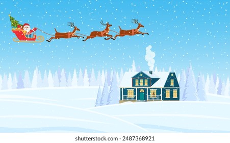 A house in a snowy Christmas landscape. Santa Claus flying on a sleigh. concept for greeting or postal card. Merry christmas holiday. New year and xmas celebration