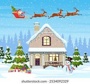 A house in a snowy Christmas landscape. Santa Claus on a sleigh. concept for greeting or postal card. Merry christmas holiday. New year and xmas celebration