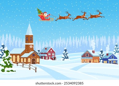 A house in a snowy Christmas landscape. Santa Claus flying on a sleigh. concept for greeting or postal card. Merry christmas holiday. New year and xmas celebration