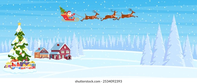 A house in a snowy Christmas landscape. Santa Claus on a sleigh. concept for greeting or postal card. Merry christmas holiday. New year and xmas celebration