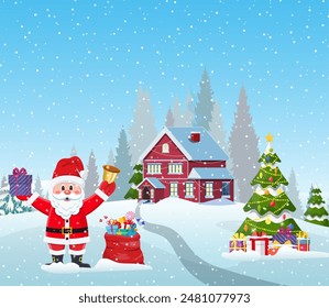 A house in a snowy Christmas landscape. christmas tree and Santa Claus with gift bag. concept for greeting or postal card. Merry christmas holiday. New year and xmas celebration. .