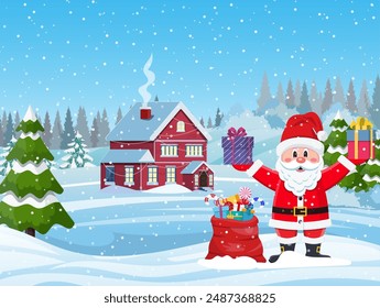 A house in a snowy Christmas landscape. christmas tree and Santa Claus with gift bag. concept for greeting or postal card. Merry christmas holiday. New year and xmas celebration.