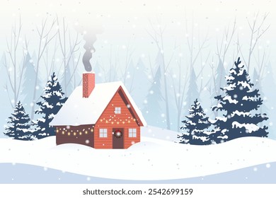 House in a snowy Christmas landscape. Winter snowy landscape and houses in a forest with snowflakes falling from the sky. Vector illustration of a Christmas house.