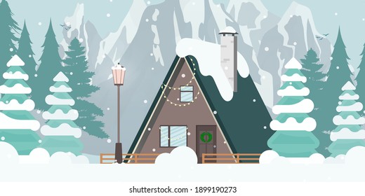 House in a snowy forest. Christmas trees, mountains, snow. Flat cartoon style. Vector illustration.