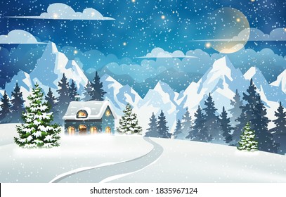 House in a snowy forest with mountains in the background. Winter Night Scene. Christmas holidays vector illustration 