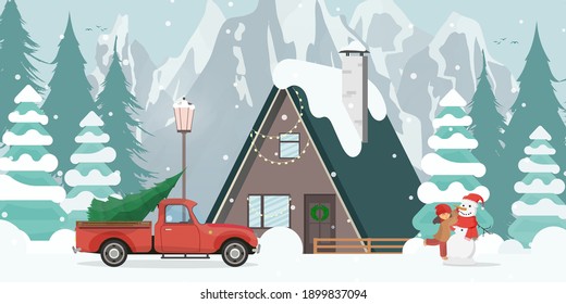 House in a snowy forest. Red car with a Christmas tree. The girl makes a snowman. Christmas trees, mountains, snow. Flat cartoon style. Vector illustration.