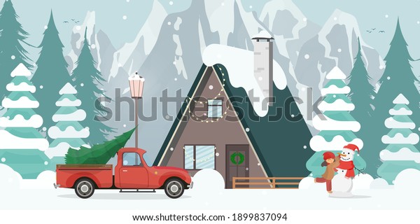 House in a snowy forest. Red car\
with a Christmas tree. The girl makes a snowman. Christmas trees,\
mountains, snow. Flat cartoon style. Vector\
illustration.