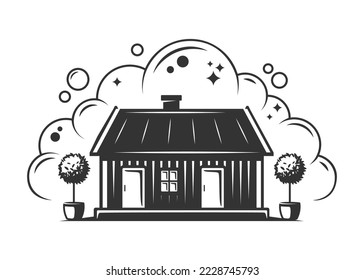 House and soap foam. Vintage cleaning service element. Vector illustration