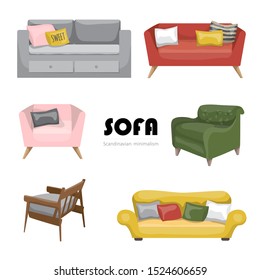 House sofa. Comfortable couch, minimalist modern sofas. Luxury classic apartment furniture, comfortable domestic interior decor sofa with pillow.