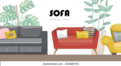 House sofa. Comfortable couch, minimalist modern sofas. Luxury classic apartment furniture, comfortable domestic interior decor sofa with pillow.