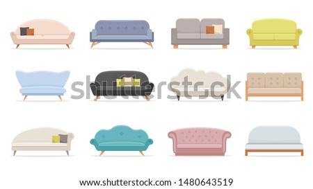House sofa. Comfortable couch, minimalist modern sofas. Luxury classic apartment furniture, comfortable domestic interior decor sofa with pillow. Flat vector isolated illustration icons set