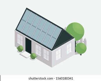 House with solar batteries isometric illustration. Modern eco friendly architecture, nature conservation, ecology protection concept design element. Home powered by photovoltaic panels