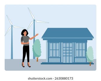 House with solar energy panel and windmills. Showcasing sustainable technology with solar energy panel and windmills near a home, presented by a professional individual, emphasizing renewable energy.