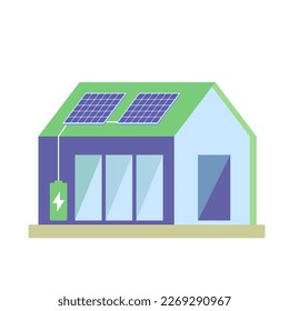 House with solar energy panels on the roof, renewable energy panel on house. Sustainable photovoltaic solar energy generation element. Ecological sustainable energy supply. Vector flat.