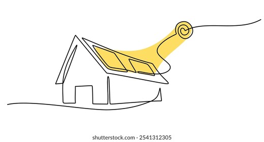 House with solar panel in continuous one line drawing. Go green energy concept representing clean home power solutions.