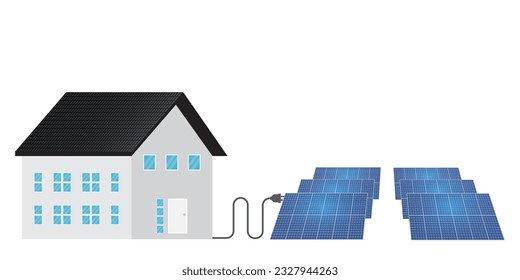 House with Solar Panel. Solar Energy and Renewable Energy Sources. Clean and Green Energy. Vector Illustration. 