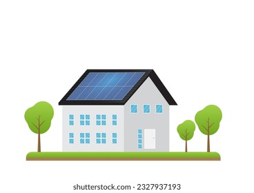 House With Solar Panel on Roof. Solar Energy and Renewable Energy Sources. Clean and Green Energy. Vector Illustration. 