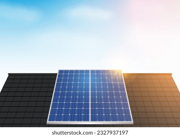 House With Solar Panel on Roof. Solar Energy and Renewable Energy Sources. Clean and Green Energy. Vector Illustration. 