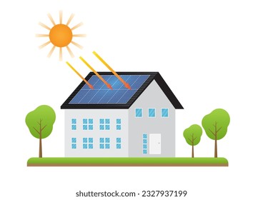 House With Solar Panel on Roof. Solar Energy and Renewable Energy Sources. Clean and Green Energy. Vector Illustration. 
