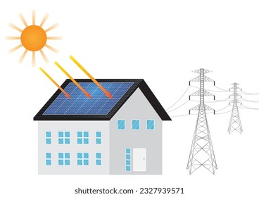 House With Solar Panel on Roof with Electric Tower and Power Line. Solar Energy and Renewable Energy Sources. Clean and Green Energy. Vector Illustration. 