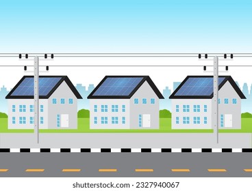 House With Solar Panel on Roof with Electric Pole and Power Line. Solar Energy and Renewable Energy Sources. Clean and Green Energy. Vector Illustration. 