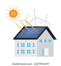 House With Solar Panel on Roof with Wind Turbine. Solar Energy and Renewable Energy Sources. Clean and Green Energy. Vector Illustration. 