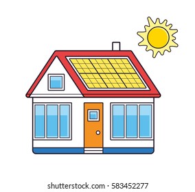 House with solar panel on a roof and sun. Vector isolated.