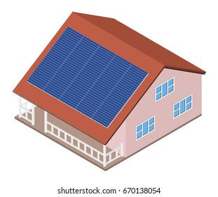 House with solar panel on roof. Isometric cottage with solar cells energy equipment. Eco friendly alternative technology concept. Vector illustration.