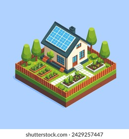 House with solar panel roofs energy efficient environmentally friendly isolated vector isometric