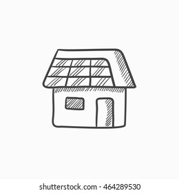 Haus mit Solarpaneelen, Vektorgrafik Symbol einzeln auf Hintergrund. Handgezeichnetes Haus mit Solarpaneelsymbol. Haus mit Solarpaneelskizze für Infografik, Website oder App.