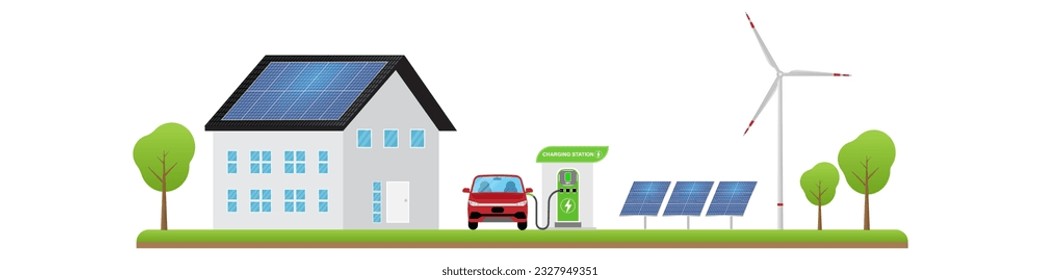House With Solar Panel ,Wind Turbine and Electric Car. Solar Energy and Renewable Energy Sources. Clean and Green Energy. Vector Illustration. 