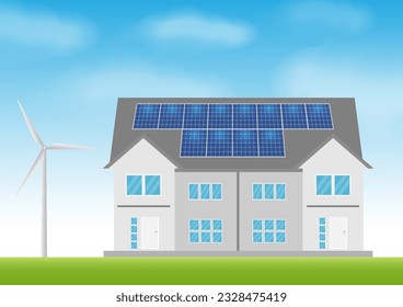 House With Solar Panel and Wind Turbine. Solar Energy and Renewable Energy Sources. Clean and Green Energy. Vector Illustration. 