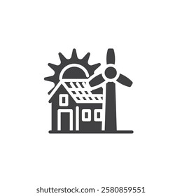 A house with solar panel and a wind turbine vector icon. filled flat sign for mobile concept and web design. Off Grid Living glyph icon. Symbol, logo illustration. Vector graphics