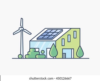 House With Solar Panel And Wind Turbine. Eco Friendly Alternative Energy. Line Design Vector Illustration