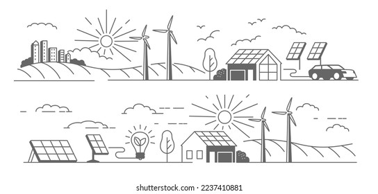 house with Solar panel and Wind turbines vector. Green energy renewable.