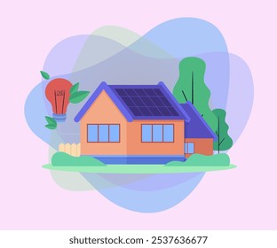 Casa com painéis solares e grande ilustração vetor de lâmpada. Desenhos animados de casas eco-amigáveis usando energia renovável alternativa. Ecologia, meio ambiente, vida ecológica, conceito de sustentabilidade