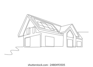 Casa con paneles solares. Concepto de casa de dibujo de una línea