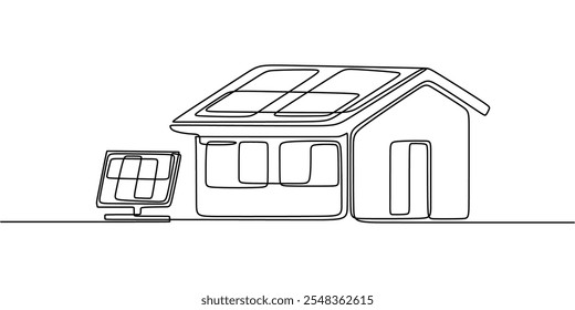 Uma casa com painéis solares, retratados em um estilo minimalista de uma linha, representando uma vida sustentável. Conceito de casa sustentável.