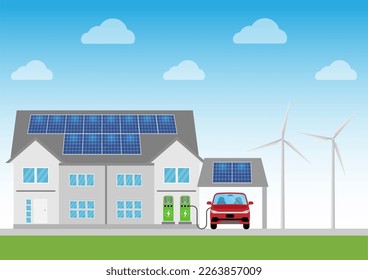 House with Solar Panels and Electric Car and Wind Turbines. Alternative and Renewable energy sources. Green energy electricity concept element.