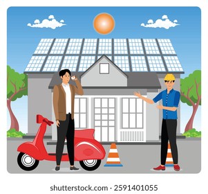 A house with solar panels, featuring two men discussing installation details.  Flat vector modern illustration 