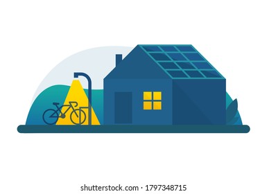 House with Solar Panels flat design 