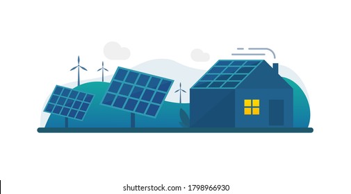 House with Solar Panels flat design 