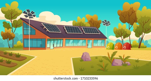 House with solar panels and garbage sorting litter bins. Eco friendly home, modern building on nature landscape with trees. Green renewable energy, organic architecture, Cartoon vector illustration