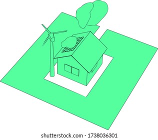 house with solar panels and green wind generator vector