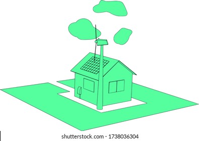 house with solar panels and green wind generator vector