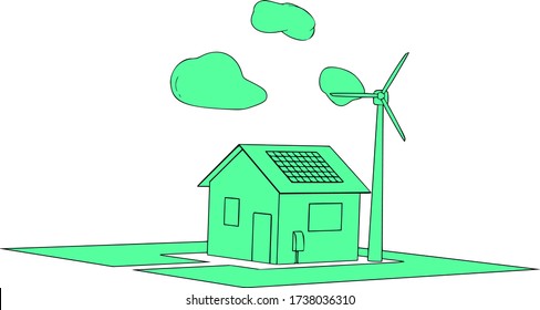 house with solar panels and green wind generator vector