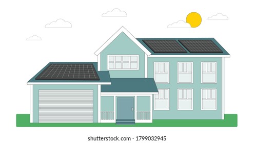 House with solar panels on the roof. Energy Saving Technologies. Green energy. Smart home, modern architecture. Vector illustration isolated on white background.