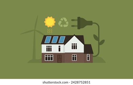 House with solar panels on the roof. Flat style minimal illumination. Save the energy. Vector